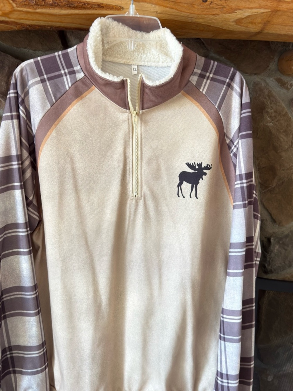 Half-Zip Sherpa Lined Pullover with Moose Graphic - Cream & Brown
